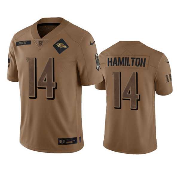 Men%27s Baltimore Ravens #14 Kyle Hamilton 2023 Brown Salute To Service Limited Football Stitched Jersey Dyin